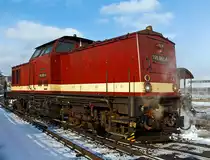 Es sind schon m�chtige Schmalspurloks die  Harzkamele  bzw.  Roten Kamele  der HSB...

Die 1.000 mm Diesellok 199 861-6 der HSB (Harzer Schmalspurbahnen), ex DR 110 861-2, ex DR 299 110-7, hier am 23.03.2013 im beim rangieren Bahnhof Wernigerode.

Die Lok wurde als normalspurige V 100.1 im Jahre 1976 bei LEW  Hans Beimler  in  Hennigsdorf unter der Fabriknummer 15379 f�r die DR gebaut. 1990 erfolgte der Umbau in DR 199 861-6 dabei bekam die B'B'-Lok nun neue 3 achsige Drehgestelle in 1.000 mm Spurweite, 1992 wurde sie dann in DR 299 110-7 umbezeichnet, als sie 1993 von der HSB �bernommen wurde, bekam sie wieder die Bezeichnung 199 861-6.

Technische Daten:
Achsfolge: C´C´
Spurweite: 1.000 mm (Meterspur) 
L�nge �ber Puffer: 14.240 mm
Motor: 12-Zylinder-4 Takt-Diesel-V-Motor mit Abgasturbolader und Ladeluftk�hler
Leistung: 883 KW / 1200 PS
Getriebe: 3-Wandler Str�mungsgetriebe
H�chstgeschwindigkeit: 50 km/h (Vor- und R�ckw�rts)
Dienstgewicht: 66,0 t
Achslast: 10,7 t

Mehr Informationen zu dieser Lokbaureihe habe ich unter:
http://www.bahnbilder.de/bild/deutschland~dieselloks~br-1998-hsb/674431/zwei-rote-kamele-auch-harz-kamele-genannt.html
zusammengetragen.
