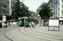 Basel BVB Tram 14 (Be 4/6 641 / Be 4/6 642) Untere Rebgasse / Claraplatz im Juli 1988.