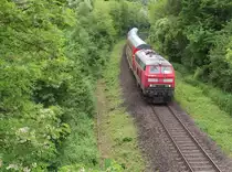 Sonderz�ge mit BR 218 zum Rheinland-Pfalz Tag - Vom 21.06. bis 23.06.2013 fand der Rheinland-Pfalz Tag in Pirmasens statt.
Im Regelplan wird Pirmasens Hbf. im Stundentakt aus Saarbr�cken, Kaiserslautern und Landau angefahren.
�ber die Festtage endeten die Z�ge aus Saarbr�cken und Landau in Pirmasens-Nord (Bieberm�hel).
Die Strecke aus Kaiserslautern wurde im Halbstundentakt bis Pirmasens Hbf. verdichtet und anstelle mit Triebwagen mit Doppelstockwendez�gen und Baureihe 218 gefahren.
218 408-3 bringt ihren Zug das Gef�lle aus Pirmasens hinab.
Gleich wird der Bahnhof Pirmasens Nord erreicht.
Links sieht man noch die Trasse eines zweiten Gleises nach Pirmasens (urspr�ngliche Trasse - Talgleis). Dieses verl�uft tiefer als das rechte, das 1939 errichtet wurde.

22.06.2013 KBS 672 - Bahnstrecke 3310 Pirmasens/Nord -Pirmasens Hauptbahnhof.