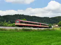 Eine Einheit  NE 81 bestehend aus VT und VS kam mir heute durchs Bild gefahren mit dem Hzl 86323 nach Sigmaringen.Das Bild entstand bei Hermentingen am 8.7.2013.Leider war die Sonne nicht mein Freund und verschwand kurz vorher hinter einer Wolke;-((