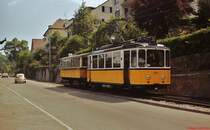 Tw 104 und Vorstellwagen 117 verlassen im Mai 1978 die Ausweiche Wielandsh�he