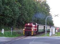 199 013 mit Drei-Wagen-Personenzug am 17.09.2006 vor dem Stra�en�bergang zwischen Kurort Oybin Niederdorf und Teufelsm�hle auf der Fahrt nach Kurort Oybin.