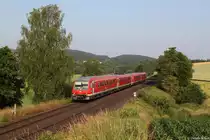 610 008 und ein weiterer 610 sind am 07.07.2013 als RE 3693 bei Reuth unterwegs.