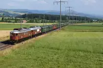 100 Jahre BLS: Genau vor 100 Jahren am 15. Juli 1913 fuhr der erste BLS-Zug nach Brig. Zu diesem besonderen Anlass verkehrte am 15. Juli 2013 ein historischer Sonderzug von Bern nach Domodossola und zur�ck. Diese Aufnahme mit den Ae 6/8 205 und Ae 6/8 208 ist auf der R�ckfahrt bei Allmendingen entstanden.
Foto: Walter Ruetsch