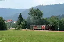 Nach Ankunft in Baiersbronn absolvierte der Dampfzug eine Pendelfahrt von Baiersbronn nach Raum�nzach und zur�ck. Bei seiner R�ckfahrt von Raum�nzach nach Baiersbronn konnte ich diesen Zug mit der 01 1066 am Nachmittag des 07.07.2013 bei Heselbach fotografieren.