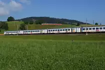 BLS: Zuf�llige Begegnung von BLS-Z�gen auf unterschiedlichen Strecken. RABDe 566 220-227 auf der Fahrt nach Grossh�chstetten.  KAMBLY-ZUG  auf der Fahrt nach Bern. Die Aufnahme mit den beiden  EXOTEN  ist wegen kleinen Zugsversp�tungen am 20. Juli 2013 bei Mirchel entstanden.
Foto: Walter Ruetsch