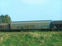 Transwaggon mit Verzierung eingereiht in einem G�terzug nach Wels/O�. (2006-09-29)