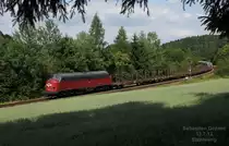 227 005 von BSBS am 13.7.13 bei Etzelwang mit einer Triebwagen�berf�hrung aus Furth im Wald Richtung Crailsheim