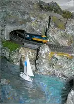 Obwohl winzig klein, f�llt der aus dem Tunnel fahrende BR HST 125 sofort auf. 
K�stenstimmung im T Gauge Format. 
25. Juli 2013
