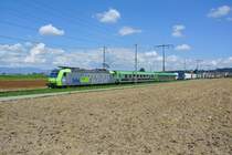 Re 485 019-4 mit ROLA und zwei Begleitwagen zwischen Lyssach und Hindelbank, 10.08.2013.

