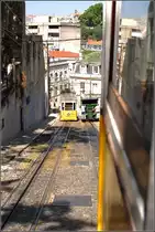 <U>Heiße Gleise.</U>

Der Müllwagen muss sich gleich auf die andere Seite bewegen, denn hier fährt einer der Lissaboner Aufzüge. Interessanterweise nennen die Portugiesen die Standseilbahnen in einem Atemzug mit dem Aufzug von Gustave Eiffel, und zählen sich nicht etwa zu den Bahnverwandten. Barrio Alto, Lissabon im September 2010.
