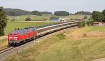 Seitdem 218 401-8 im Werk Bremen neu lackiert wurde, pr�sentiert sich die M�hldorfer Lok wieder in einem hervorragenden �u�erlichen Zustand. Zusammen mit einer weiteren 218 der S�dostbayernbahn war sie am 16. August 2013 f�r die Traktion des EC 192 bis Lindau zust�ndig. Bei Sontheim (Schwab) entstand daher diese Aufnahme.