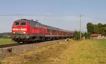 Last but not least noch eine 218 in Sontheim: 218 454-7 vom Werk Kempten beschleunigt ihren RE 57444 (M�nchen Hbf - Memmingen) nach dem Halt in Sontheim (Schwab) wieder, um in wenigen Minuten Memmingen zu erreichen. Aufgenommen am 16. August 2013.