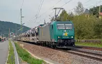 185-CL 006 fuhr am 05.07.13 mit einem Autozug von Bad Schandau kommend durch K�nigstein Richtung Dresden. Bei diesem Zug handelt es sich um eine ITL-Leistung.