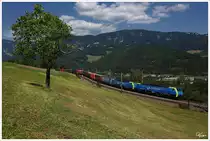 Sommer, Sonne, Apfelwiese - Die beiden PKP Cargo Maschinen 189 153 und 189 154, ziehen den Containerzug 42089 �ber die Semmering Nordrampe bergw�rts.
Eichberg 16.8.2013