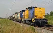 V 142 und V 141 der RBB rollen am 12.07.13 mit einem Quarzsandzug durch Eilenburg Richtung Dobersch�tz. Gru� zur�ck! 