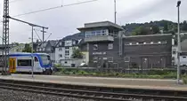 23.08.2013 Boppard Hbf; Stw Boppard Bf, links das  Gesicht  eines 650er (Stadler Regio-Shuttle RS 1) der Hunsr�ckbahn. Er bedient die Strecke Boppard - Emmelshausen,
Streckennummer 3020