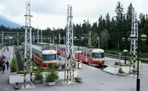 Am 26.01.2001 bildeten noch die Altbau Triebwagen der Reihe 420 das R�ckgrat
der Tatrabahnen. Hier stehen gerade zwei Triebwagen im Endhaltepunkt in
Strbske Pleso.