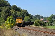 H.F. WIEBE Schotterzug mit Vossloh G 1700-2 BB (Fabr-Nr. 5001679), UIC-Kennzeichen 92 80 1277 018-8 D-BLP, Wiebe-Lok Nr. 12, aufgenommen am 04.09.2013 auf der Lahntalbahn bei Leun. Eigentlich wollte ich an diesem Tag wegen des sch�nen Wetters  nur  ein paar Triebwagen fotografieren, als zuf�llig der Bauzug vorbei gefahren kam. Gl�ck gehabt!  --  Weitere Fotos siehe auch auf http://www.Schmalspuralbum.de/ und http://www.FGF-Fotoalbum.de/