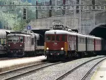 BLS - 100 Jahr Feier S�drampenfest / Extrazug mit Lok Ae 6/8 205 und Autozug mit Re 4/4 163 im Bahnhof Goppenstein am 07.09.2013