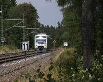 Im Vogtland wird noch flei�ig gebaut. - Elektrifizierung, teilweise neue Gleise und auch neue Sicherungsanlagen und besonders neue Br�ckenbauwerke, es wird flei�ig im Vogtland gebaut um die Sachsen-Franken-Magistrale zu modernisieren.
Das Teilst�ck Reichenbach (Vogtland) bis Plauen oberer Bahnhof ist fertiggestellt, sodass aus Leipzig und Dresden schon elektrische gefahren werden kann.
Auswirkungen auf den Personenverkehr im Bereich des Sachsen-Franken Express soll es bis Ende 2014 noch nicht geben aber auch hier will die DB die L�nder mehr zur Kasse bitten, wobei der s�chsische Verkehrsminister (FDP) den Zweckverb�nden die Mittel stark k�rzen m�chte!
Ansonsten g�be es eine Verbindung nach Bayern nur noch mit Umsteigen in Hof.

Wie weit die Fahrzeuge der Vogtlandbahn ab 2014/2015 noch hier auf der Hauptstrecke zu sehen sind mu� man abwarten. Oft fahren die Triebwagen zwischen Plauen und Hof leer �ber die Gleise. Der Zweistundentakt ist auch nicht sonderlich attraktiv.

VT 57 der Vogtlandbahn hat den Scheitelpunkt der Strecke bei Reuth fast erklommen.
Hier im W�ldchen zwischen Kornbach und Reuth wechselt die Trasse manchmal f�r ein paar Meter in den Freistaat Th�ringen.

Bahnstrecke 6362 Leipzig - Hof am 17.08.2013