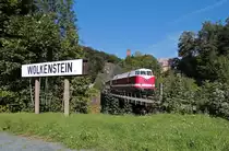 Eine V180 im Zschopautal, das gab es lange nicht mehr. Auf Grund der recht flotten Fahrt des Zuges waren in Wolkenstein die Schranken leider zu, so mu�te dieses Motiv herhalten, 14.09.2013.