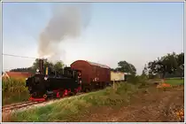 Am 25.9.2013 in der Weststeiermark das Rad der Zeit etwas zur�ck gedreht - 298.56 (ex N�LB U.6) mit zwei ehemaligen auf Rollb�cken aufgeschemelten GKB G�terwaggons + Bi 35 als Bremswagen bei der Ausfahrt aus Herbersdorf.

