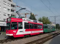 Be 4/4 482 wirbt f�r die CHEMINS DE FER DU JURA. Hier steht der Wagen an der Endhaltestelle der Linie 14 in Pratteln. Die Aufnahme stammt vom 26.09.2013.
