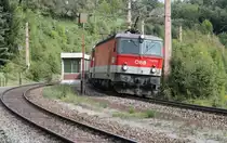 1144 044 als Zuglok vor einem G�terzug passiert gerade den Bahnhof Klamm Schottwien auf dem Weg zum Semmering, September 2013