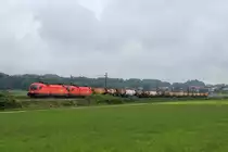 1116 040 und eine Schwestermaschine mit einem Knicker am 27. August 2013 bei Bernau am Chiemsee.