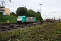 Die Cobra 2813 f�hrt mit einem langen Containerzug aus Gallarate(I) nach Zeebrugge(B) bei der Ausfahrt aus Aachen-West und f�hrt in Richtung Montzen/Belgien  bei Regenwetter in der Abendstimmung am 10.9.2013.