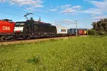 189 287 f�hrt mit einem Containerzug auf der Franz Josefs Bahn in Richtung Tulln. Die Aufnahme entstand am Nachmittag des 24.09.2013 bei Muckendorf-Wipfing.
