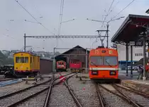 TRAVYS/OC: Fahrzeugparade in Orbe am 22. Oktober 2013 mit De 2/2 32 (1902/1928), BDe 4/4 13 (1920), E 2/2 1 (1970) und Be 2/2 14 (1990) im Plandienst. Beim Be 2/2 14 handelt es sich um eine Einzelanfertigung der Firmen Stadler/ABB. 
Foto: Walter Ruetsch