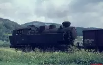 Im Juni 1974 schiebt die Werklok der VOEST Alpine Kindberg einige Wagen vom Werk in Richtung ÖBB-Bahnhof Kindberg. Die Lok vom Typ D 16 wurde 1949 von Krauss-Maffei unter der Fabrik-Nr. 17557 gebaut und 1976 verschrottet. Heute würde ich mir eine bessere Fotostelle suchen, bei der nicht das Triebwerk durch Grün halb verdeckt wird ...