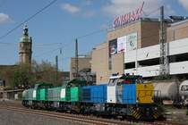 Unbekannte ATC G1206+ATC 1001124 (ex FRET 461004)+ ATC Lok 1001121 (ex FRET 461002) am 5.5.13 in Krefeld Hbf.Die Loks fuhren in das Bw Krefeld wo die blaue leider unbekannte G1206 abgestellt wurde.