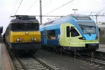 Bahnhof Bad Bentheim, 23.11.13: In Gleis 1 NS 1764 (91 84 1560764-0) mit IC 147 Amsterdam - Berlin, den gleich eine DB-101 �bernehmen wird; daneben in Gleis 2 WFB ET-008 (427 116) als RB 61 nach Bielefeld.