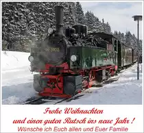 Zudem w�nsche ich Euch Gesundheit und ein erfolgreiches Jahr 2014, auf das alle Eure W�nsche in Erf�llung gehen.

Ich selbst w�nsche mir Frieden auf der ganzen Welt! 

Zum Bild: 
Die Jung-Malletlok 99 5902 am 23.03.2013 beim Halt im Bahnhof Schierke.
Die Lok wurde 1898 von Arnold Jung Lokomotivfabrik in Jungenthal bei Kirchen a.d. Sieg unter der Fabriknummer 261 gebaut.
