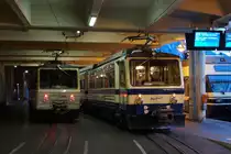 MVR/MGN: Morgenstimmung in Montreux mit den beiden Triebzüge Bhe 4/8 305 und Bhe 4/8 301 (mit neuem und altem Anstrich) am 2. Januar 2014.
Foto: Walter Ruetsch
