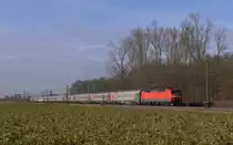 Der von der russischen Bahn RZD betriebene EuroNight EN 453 befährt die Relation Paris-Berlin-Warschau-Minsk-Moskau. Auch über den Jahreswechsel ist dieser Zug unterwegs. Der Zug hat am Silvestervormittag des 31.12.2013 Paris verlassen und wird nachdem er zum Jahreswechsel im Westen Polens unterwegs ist am frühen Morgen des 03.01.2014 Moskau erreichen.
Ab Kehl zieht die DB 120 140 den Zug (hier bei Kehl-Kork) bis Berlin Richtung Osten.
2012-12-31 Kehl-Kork 
