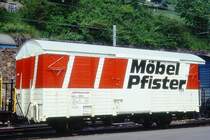 RhB - Gbk-v 5614 am 18.06.1995 in Filisur - Gedeckter G�terwagen 2-achsig mit 1 offenen Plattform - Baujahr 1913 - Reichsh/Gestle - Gewicht 6,88t - Zuladung 12,50t - L�P 8,49m - zul�ssige Geschwindigkeit 75 km/h - �2=09.06.1987 - Werbung: M�BEL PFISTER - Lebenslauf: ex K1 5614 - 1969 Gbk-v 5614 - 09/2002 Gbk-v 5511II - 08/2005 Abbruch - Hinweis: gescanntes Dia
