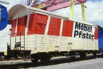 RhB - Gbk-v 5614 am 08.06.1997 in Landquart Ried - Gedeckter G�terwagen 2-achsig mit 1 offenen Plattform - Baujahr 1913 - Reichsh/Gestle - Gewicht 6,88t - Zuladung 12,50t - L�P 8,49m - zul�ssige Geschwindigkeit 75 km/h - ohne � im Anschriftenblock - Werbung: M�BEL PFISTER - Lebenslauf: ex K1 5614 - 1969 Gbk-v 5614 - 09/2002 Gbk-v 5511II - 08/2005 Abbruch - Hinweis: gescanntes Dia
