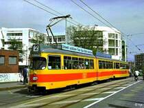 BLT Be 4/6 141 + B 1316 auf der BVB-Linie 2 auf der Margarethenbr�cke / (H) Markthalle (3. Mai 2004). Man beachte die von der �brigen Serie abweichende Form des Scheinwerfers.
