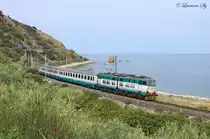 E.656 294 approaches Pollina whilst working IC730, 1007 Palermo Centrale-Messina Centrale, 9 Sept 2013.