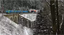 Der  PKP Zug  unterwegs auf der winterlichen Semmeringbahn, kurz vor der Einfahrt in den Kartnerkogel Tunnel. 28.1.14