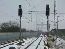 Ausfahrsignale Richtung Stralsund,am 02.Februar 2014,in Velgast.