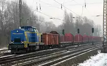 V 1702 der MWB zog am 31.01.14 einen leeren Holzzug aus Richtung Eilenburg kommend durch Leipzig-Thekla Richtung Mockau.