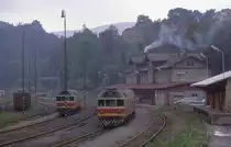 Blick in den Bahnhof Tanvald am 25.6.1988. Rechts steht VT 853008 am Bahnsteig.
Daneben links ist VT 852001 zu sehen.