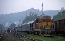 Diesellok 743004 rangiert im Bahnhof Zelesny Brod am 25.6.1988 einen angekommenen
Sonderzug.