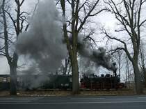 Im letzten Licht des Tages und bei nur 2 Grad lässt es 99 4802 bei Ausfahrt aus Sellin-Ost in Richtung Binz - Putbus ganz schön dampfen; 07.02.2014
