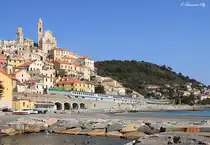 A class E402B passes Cervo whilst working Inter City train 660, the 0910 Milano Centrale-Ventimiglia, 13 March 2012